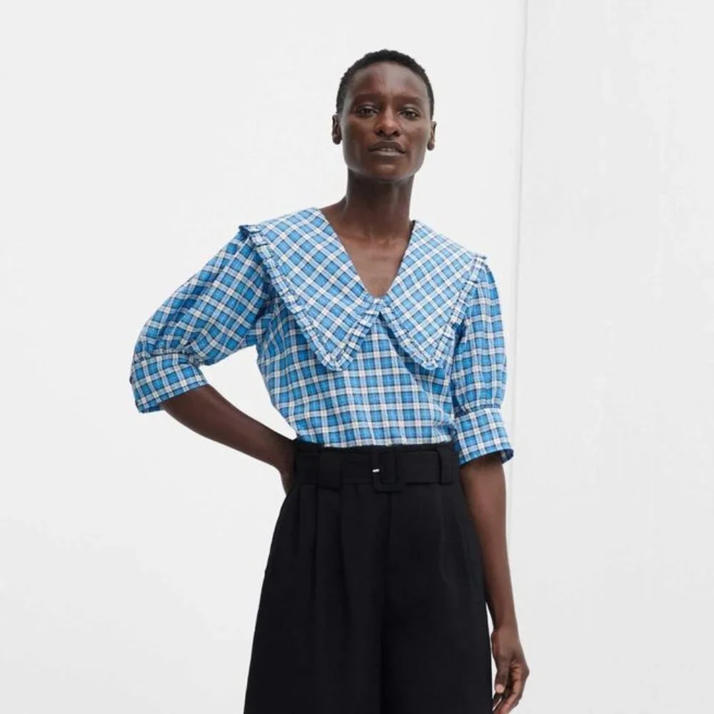 GANNI Seersucker Check V-Neck Ruffle Blouse in Azure Blue - Picture 2 of 14